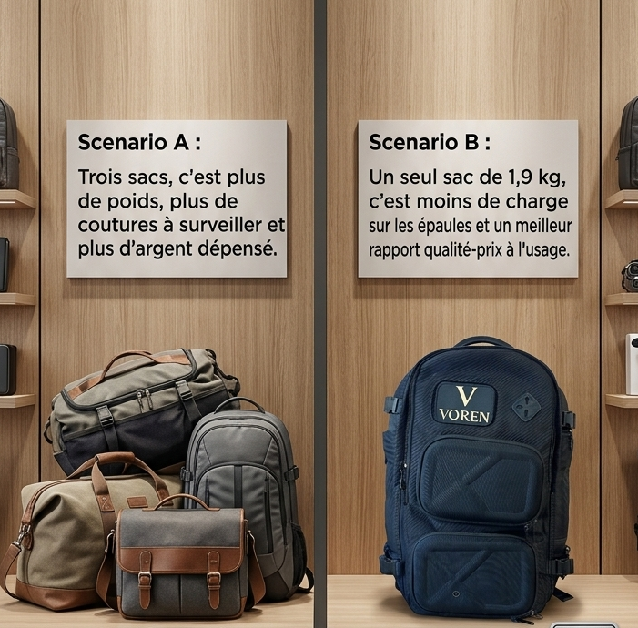 Sac à dos VOREN comparé à trois sacs séparés, plus léger