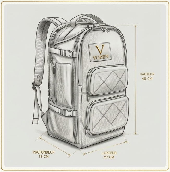 Schéma des dimensions du sac à dos VOREN : 48 cm de hauteur, 27 cm de largeur, 18 cm de profondeur